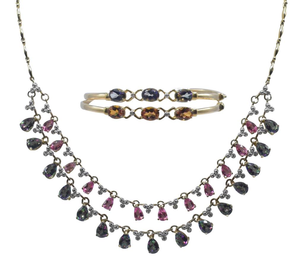 10K & 14K Gold, Diamond & Gemstone Jewelry Set: 1) Metal Type: 10K Yellow Gold Jewelry Type: Bracelet Gemstone: Single Cut Diamond Setting: Prong Gemstone Count: 2 Carat Weight: 0.02 Gemstone: Oval Modified Brilliant Blue-Purple Spinel Note: Color 