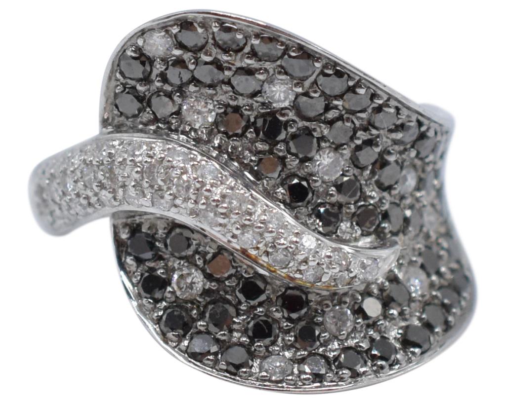 18K White Gold & Diamond Ring: Metal Type: 18K White Gold Gemstone: Round Brilliant Diamond Setting: Pave Gemstone Count: 56 Black Color Treated Diamond & 43 Diamonds Carat Weight: 2.42 Hallmark: 18K Condition: Very Good Ring Size: