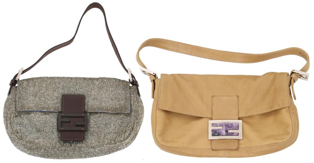 Two Fendi Handbags: 1) Fendi beaded handbag with silver beads, brown leather accents and silver hardware. The interior is blue and has a zipper pocket. Marked FENDI, MADE IN ITALY on the interior and marked FENDI on the 