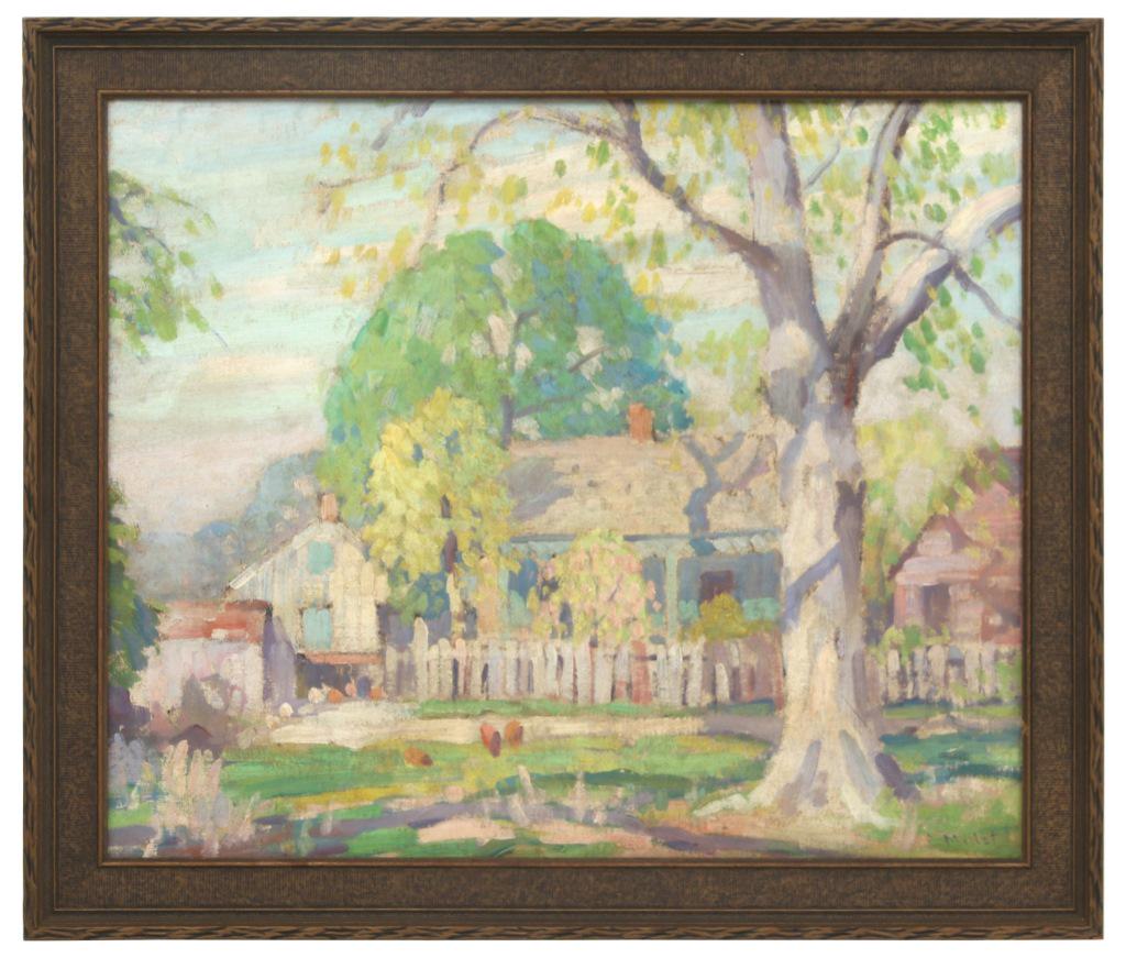 Clarence Millet (American, 1897-1959): Clarence Millet (American, 1897-1959) "Louisiana Farmyard - Spring" oil on board signed "C. Millet" (lower right); also titled on back 14 1/2 in. high x 17 1/2 in. wide (sight) 17 1/2 in. high x 20 1/