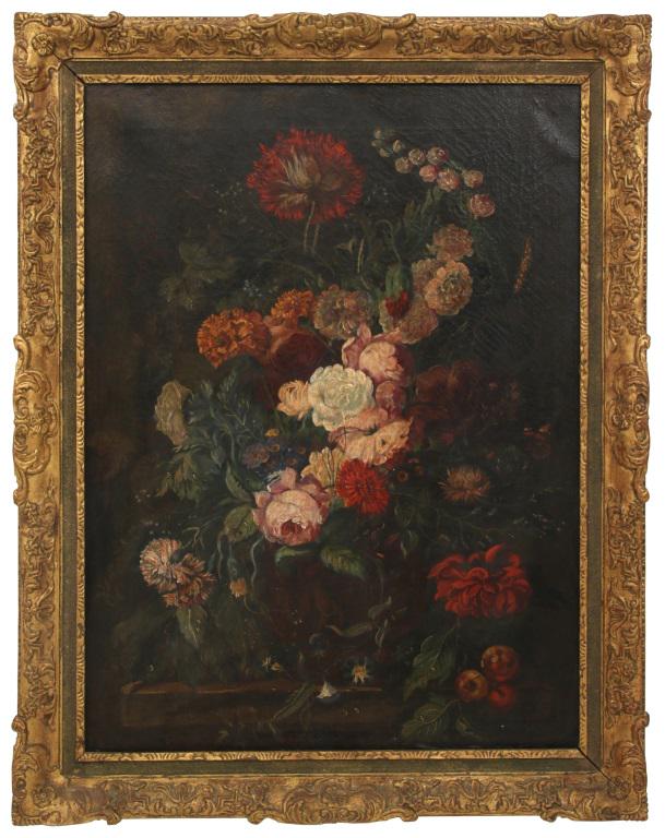In the Manner of Jan Van Huysum (Dutch, 1682-1749): In the Manner of Jan Van Huysum (Dutch, 1682-1749), still life depicting a profusion of flowers in multiple colors rising out of an urn that sits atop a plinth, oil on canvas, unsigned. Sight: 31 1/4 