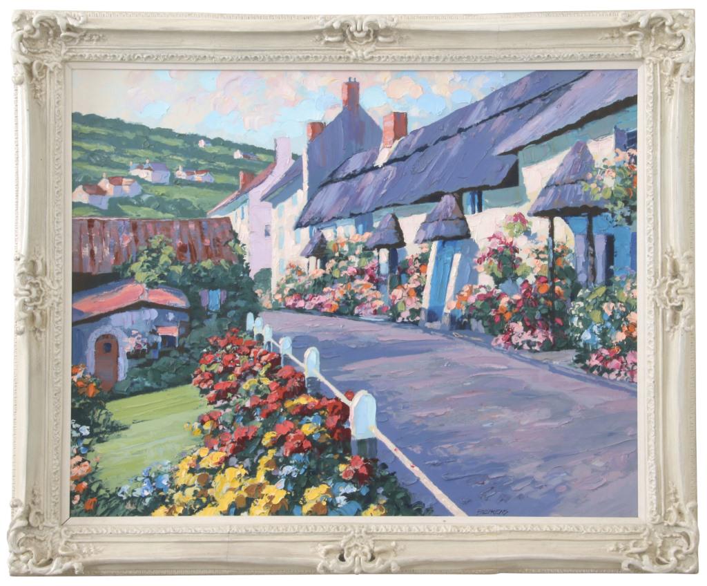 Howard Behrens (American, 1933-2014): Howard Chesner Behrens (American, 1933-2014). The oil on canvas depicts a village scene with colorful flowers in the foreground and a hill in the distance; signed bottom right. Sight: 30 in. high x 38