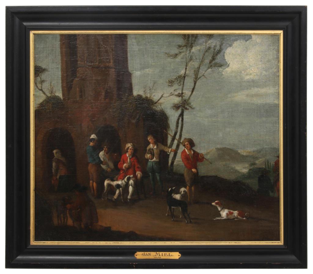 In the Manner of Jan Miel (Flemish, 1599-1663): In the Manner of Jan Miel (Flemish, 1599-1663) Hunters with Dogs oil on board unsigned 17 3/4 in. high x 21 1/4 in. wide (sight) 22 1/2 in. high x 26 in. wide (frame)