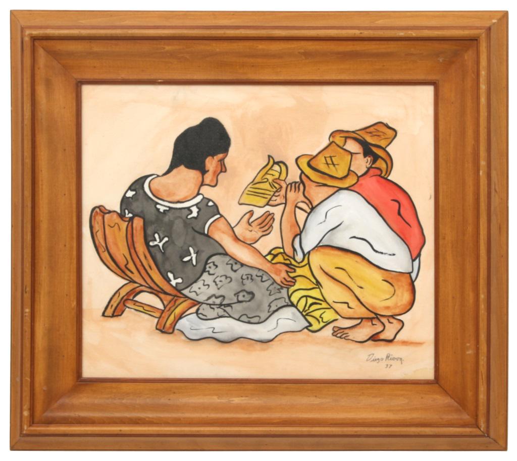 Manner of Diego Rivera (Mexican, 1886-1957): Manner of Diego Rivera (Mexican, 1886-1957) Group of Figures watercolor and gouache on paper signed "Diego Rivera" and dated "37" (lower right) 19 3/8 in. high x 23 3/8 in. wide (sight) 29 3/8 in. hig