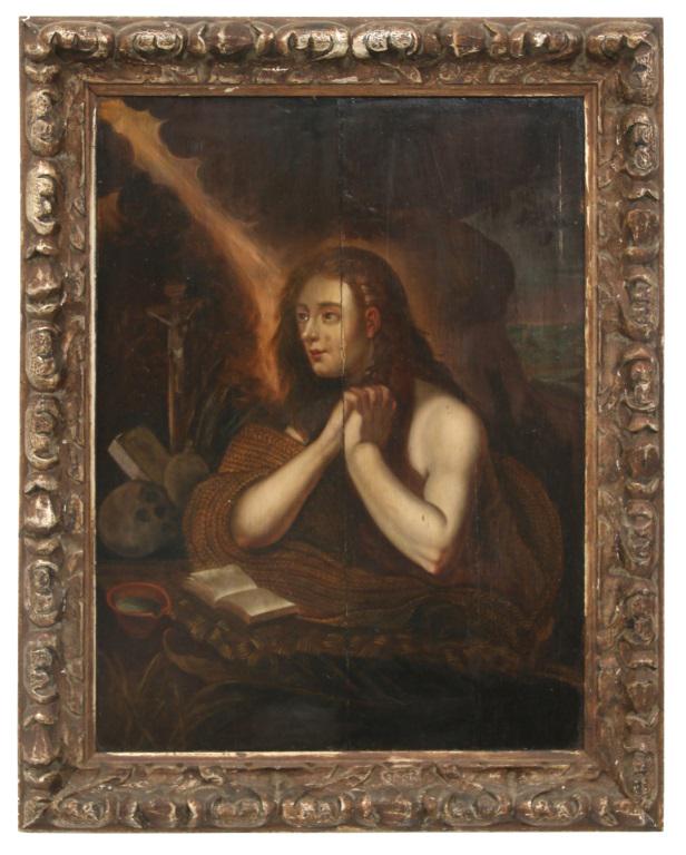 Old Master Painting of Mary Magdalene: The Old Master painting depicts Mary Magdalene seated in a cave and in prayer; she has a bible below her and a crucifix to her right. Branches hang down at the opening of the cave and there are rough