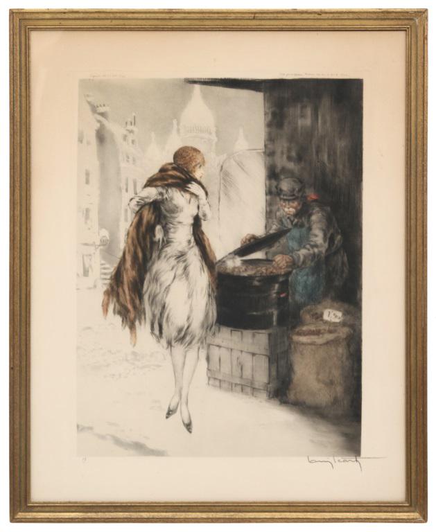 Louis Icart (French, 1888-1950): Louis Icart (French, 1888-1950) "Chestnut Vendor" drypoint etching signed "Louis Icart" (lower right); also has windmill stamp (lower left) 18 7/8 in. high x 14 1/8 in. wide (sight) 25 5/8 in. high x