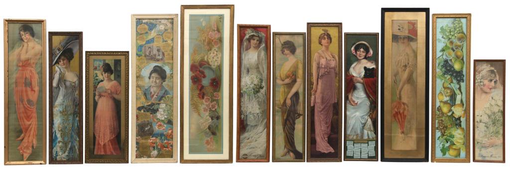 Lot of 12 Yard Long Pictures: Lot of 12 yard long pictures depict colorful scenes of women, fruit and flowers. Tallest: 41 1/4 in. high x 13 1/4 in. wide. Smallest: 26 in. high x 7 3/4 in. wide.