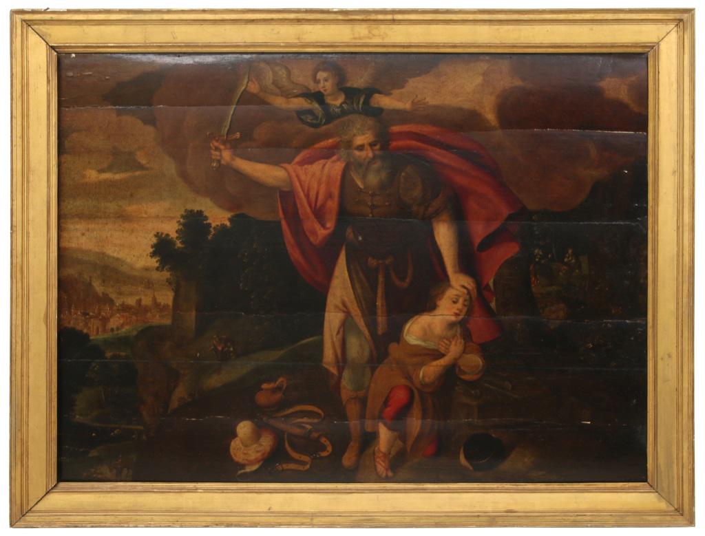 "The Binding of Isaac," Oil on Cradled Panel: "The Binding of Isaac" oil on panel unsigned 30 in. high x 40 1/2 in. wide (sight) 35 3/4 in. high x 46 1/2 in. wide (frame)