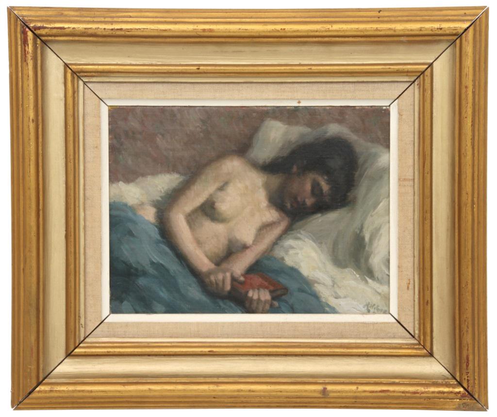 Helge Helme (Danish, 1894-1987): Helge Helme (Danish, 1894-1987) Reclined Female Nude oil on canvas signed "H. Helme" (upper right) 10 3/4 in. high x 8 in. wide (sight) 18 1/4 in. high x 15 1/2 in. wide (frame)