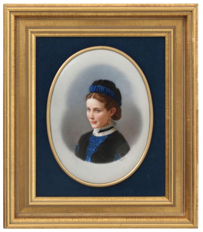 KPM Porcelain Plaque of a Woman: KPM oval porcelain plaque depicts a bust of a woman wearing blue garments. Signed on the back with impressed "K.P.M." and scepter mark; also artist signed "Krantz" under image. Very good condition wit