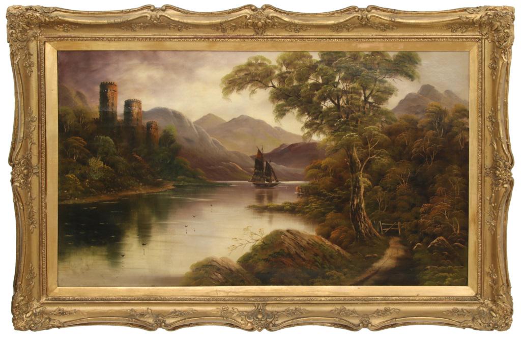 British School, Landscape with Castle: British School Landscape with Castle oil on canvas unsigned 29 1/2 in. high x 49 1/2 in. wide (sight) 40 1/2 in. high x 60 1/2 in. wide (frame)