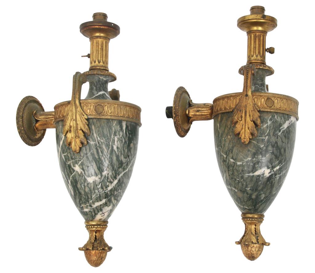 Pair of Gilt Bronze and Marble Sconces: Pair of gilt bronze and green striated marble sconces with acanthus motifs, 20th century. 21 in. high x 8 in. wide x 10 in. deep