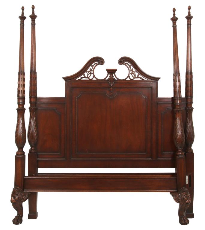 Chippendale Style Queen Size Four Poster Bed: Chippendale style mahogany four poster bed decorated with acanthus motifs and lion head leg supports, late 20th century 86 in. high x 68 1/2 in. wide x 81 in. deep