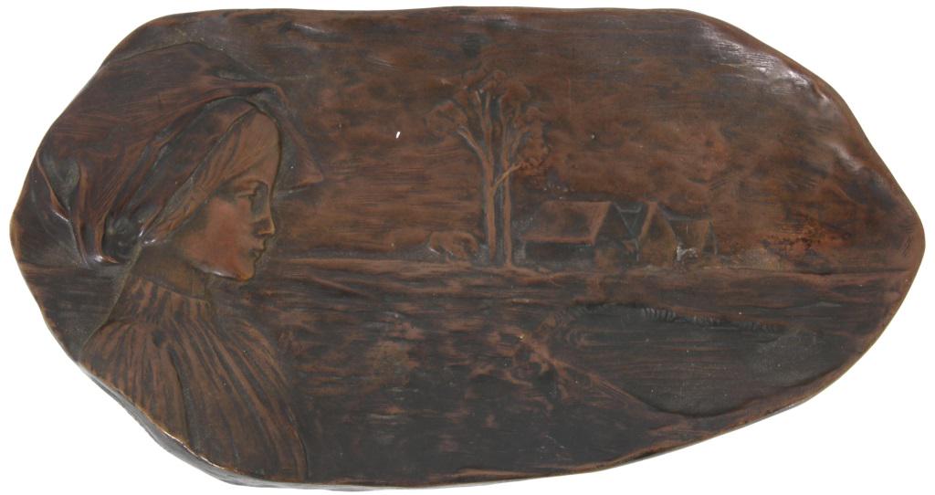 Peter Tereszczuk (Austrian, 1875-1963): Peter Tereszczuk (Austrian, 1875-1963) Tray depicting a portrait of a girl looking at structures and trees in the distance bronze with original, medium to dark brown patina signed "P. Tereszczuk" 1 in
