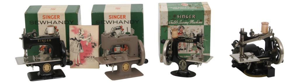 Four Miniature Singer Sewing Machines: Singer Manufacturing Company Four miniature sewing machines cast iron signed "Singer" and has trademark early 20th century