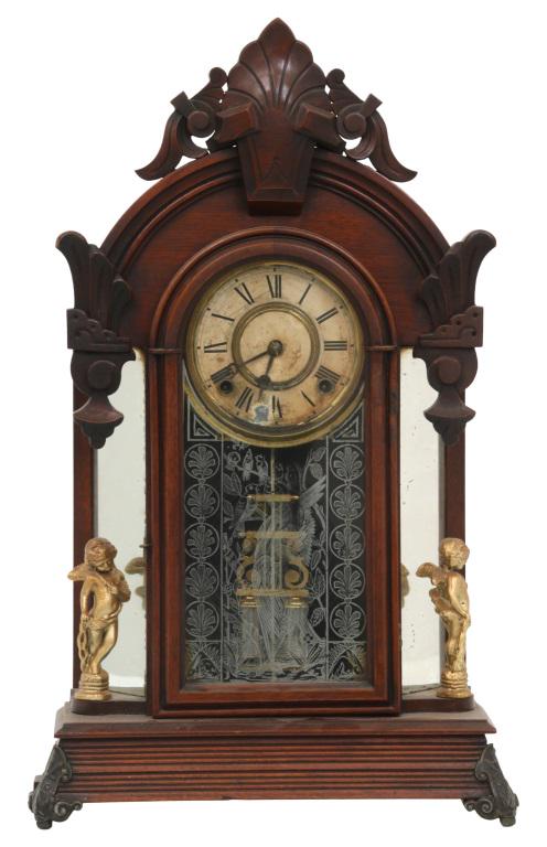 Ansonia "Windsor" Shelf Clock: Ansonia Clock Company "Windsor" shelf clock with mirrored sides, eight-day, time and strike movement walnut case, reverse-stenciled glass movement signed "Ansonia Clock Co., New York, U.S.A." circa 18