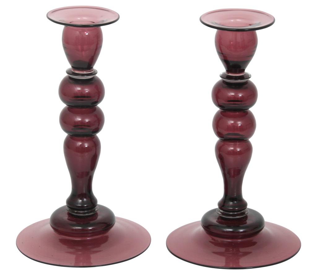 Pair of Steuben Candlesticks: Steuben Glass Works Pair of amethyst candlesticks colored glass unsigned circa 1920