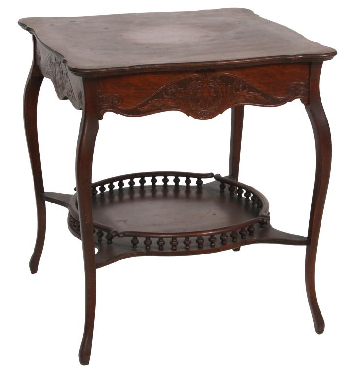 Oak Side Table: Oak side table with filigree decorated apron, cabriole legs and stick and ball stretcher, 19th/20th century. 29 in. high x 26 1/2 in. wide x 26 1/2 in. deep
