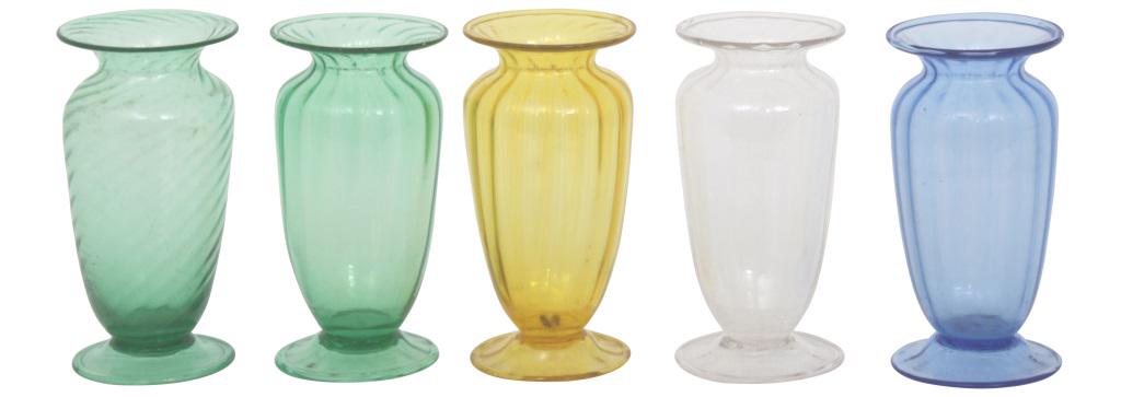 Group of Five Steuben Vases: Steuben Glass Works Group of five vases with ribbed bodies and balusters forms hand blown glass first, fourth and fifth signed with fleur-de-lis mark, third signed "Steuben" early 20th century 6 in. h