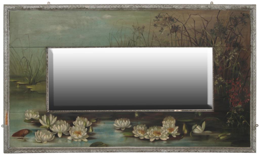 Decorated Beveled Mirror: Beveled mirror is enclosed by a wooden frame decorated with a hand painted pond scene having water lilies, circa 1910. 32 in. high x 54 in. wide