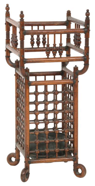Oak Stick & Ball Umbrella Stand: Oak stick & ball umbrella stand, 19th/20th century. 26 1/2 in. high x 11 in. wide x 11 in. deep