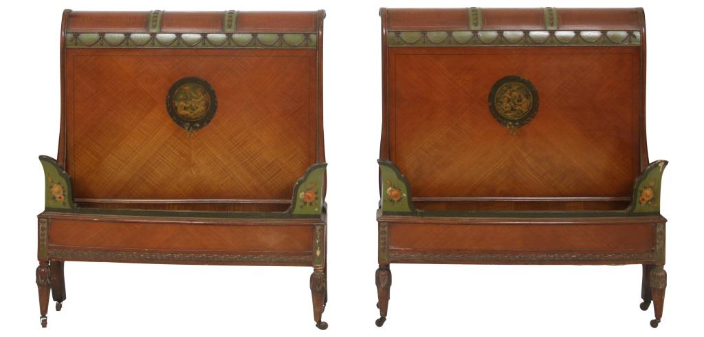 Pair of Adams Style Satinwood Twin Beds: Gimbel Brothers Adams style twin beds including side rails, decorated with applied, pressed-carved garland, painted filigree and cherubs satinwood signed "Gimbel Brothers, New York, Pittsburgh, Philad
