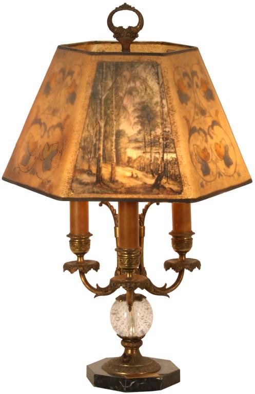 Pairpoint Directoire Table Lamp: Pairpoint Table lamp with scenic and floral decorated Directoire shade. Shade has a repair. reverse-painted glass, gilt metal unsigned early 20th century 26 in. high x 17 in. diameter (repaired crack)