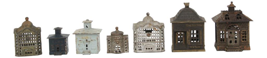 Group of 7 Cast Iron Building Banks: Group of seven cast iron building banks, late 19th century. The absence of a condition report does not imply there are no condition issues with the lot. Please email jf@fontainesauction.com for a deta