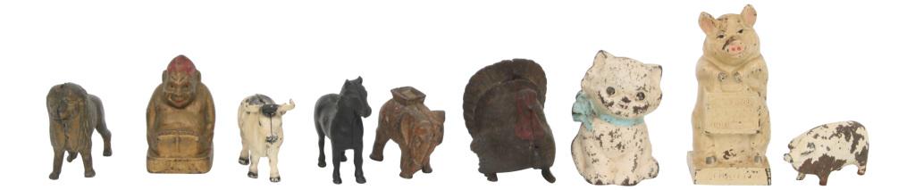 Nine Cast Iron Animal Banks: Group of nine cast iron banks in animal form, including a lion, monkey, cow, horse, elephant, turkey, cat and two pigs. The absence of a condition report does not imply there are no condition issues w