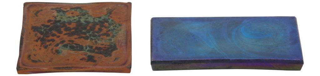 Two Tiffany Studios Favrile Glass Tiles: Tiffany Studios Two decorated tiles in a square and rectangular shape Favrile glass unsigned early 20th century 3 in. wide x 3 in. deep (1) 4 in. wide x 2 in. deep (2)