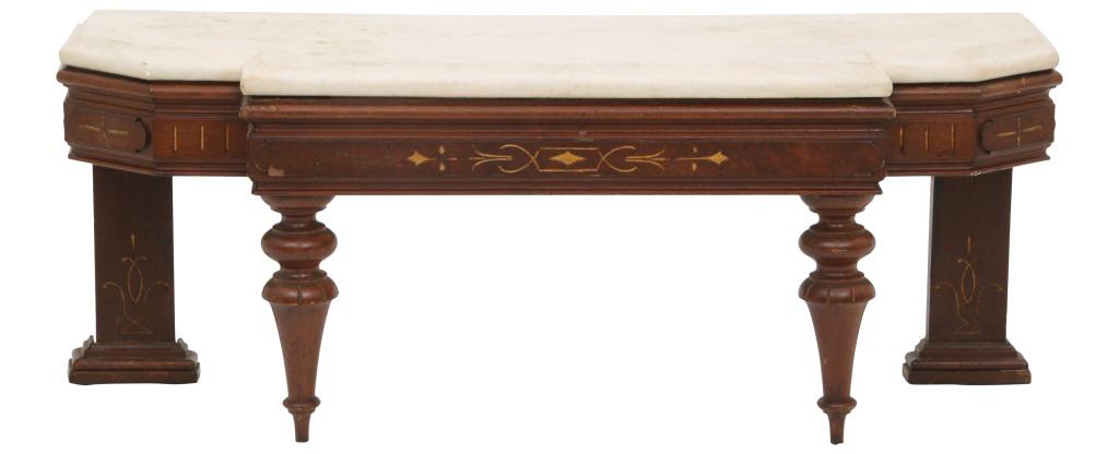 Renaissance Revival Pier Stand: Renaissance Revival marble top pier stand decorated with gilt incising, circa 1875. 14 in. high x 37 in. wide x 13 in. deep.