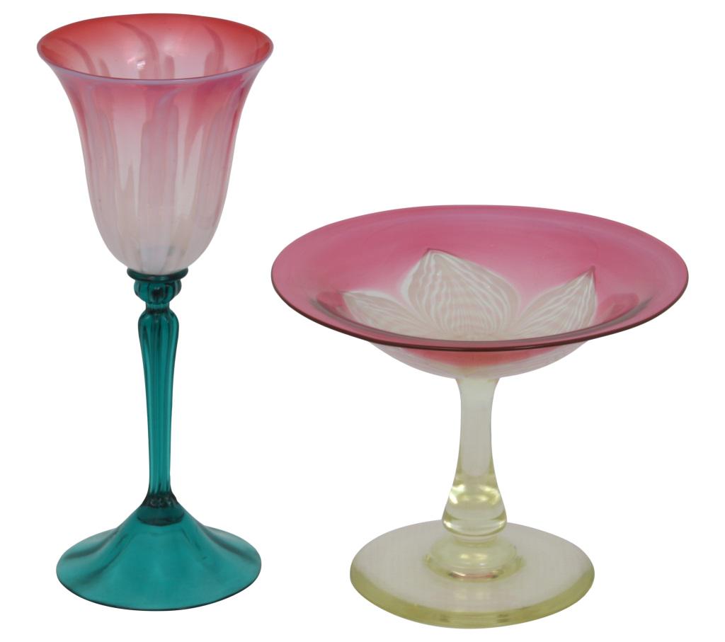 Two Pieces of Steuben Glass: Steuben Glass Works Wine glass with opalescent ribs and compote with pulled floral design colored glass unsigned early 20th century 8 in. high x 3 1/4 in. diameter 4 3/4 in. high x 6 in. diameter