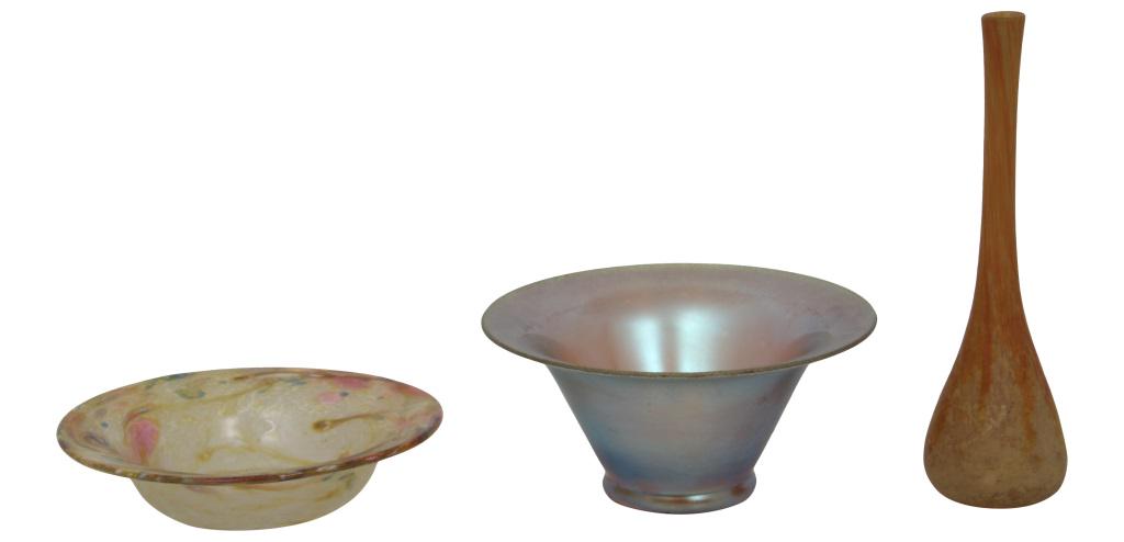 Group of Three Art Glass Items: Group of three art glass items, including a Steuben bowl, Tiffany Studios Favrile glass bowl and Daum Nancy vase; 1) signed "Steuben," 2) signed "L.C.T. Favrile," 3) signed "Daum Nancy." early 20th ce