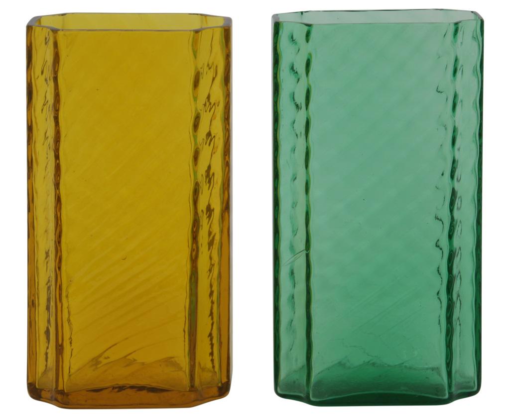 Two Steuben Glass Vases: Steuben Glass Works Two amber and green vases with ribbed bodies colored glass first signed with fleur-de-lis mark early 20th century 7 3/8 in. high x 4 1/8 in. wide x 2 3/4 in. deep