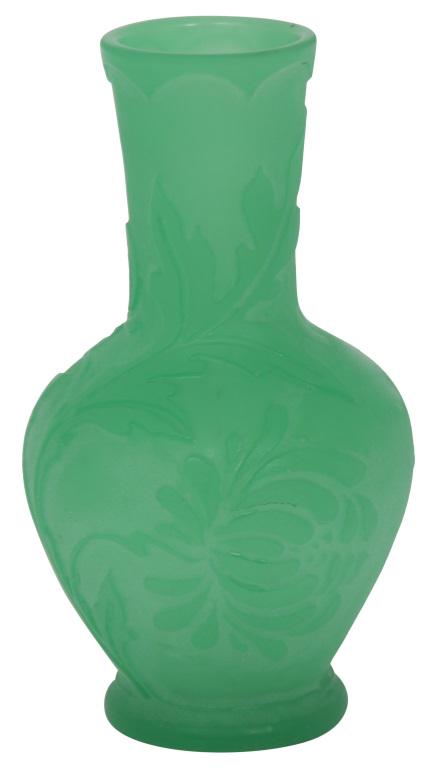 Steuben Acid Cutback Vase: Steuben Glass Works Green Jade vase in a baluster form with foliate decoration, drilled for lamp mounting & crack acid cutback glass unsigned early 20th century 8 in. high x 4 1/2 in. wide