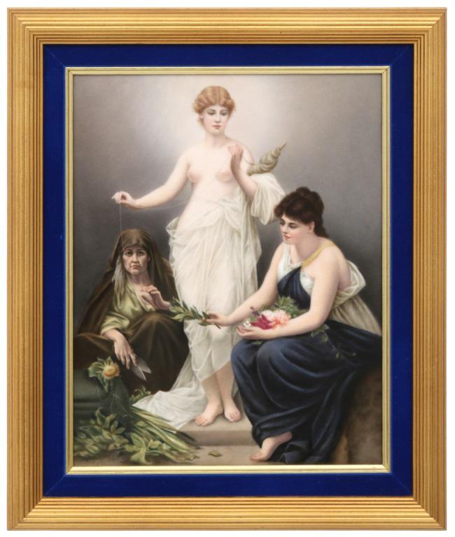 KPM Plaque of "The Three Fates": KPM porcelain plaque after the painting by Friedrich Paul Thumann, "The Three Fates," has a hand painted scene depicting Clotho, the spinner, who is semi-nude and wears draping white garments while ho