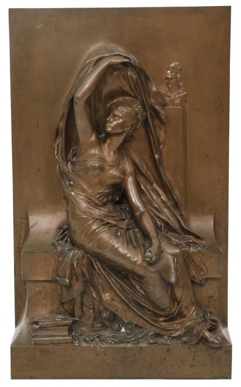 Henri Michel Antoine Chapu (1833-1891): Henri Michel Antoine Chapu (French, 1833-1891), bronze sculpture titled "Thought," depicts a seated woman holding a robe over her head with a stack of books at her feet; a bust of a small figure rests