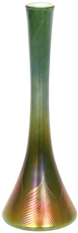 Tiffany Studios Pulled Feather Vase: Tiffany Studios vase in a trumpeted form has a platinum iridescent pulled feather design rising from the base and is set against a green iridescent background. Signed on the underside, "L.C Tiffany - 