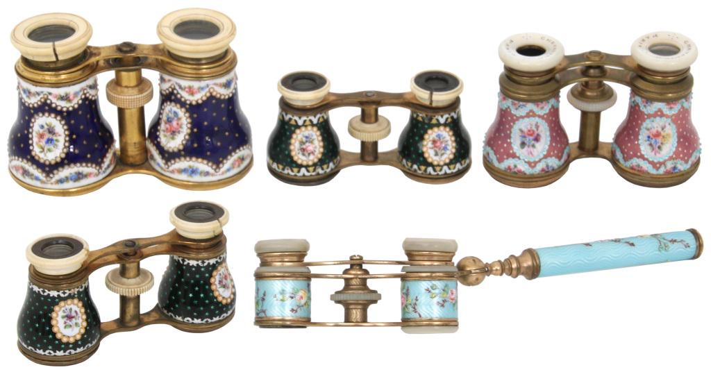 Lot of Five Enamel Opera Glasses: Lot of five opera glasses in French enamel, elegantly decorated with floral motifs. The pink example is signed "Chevalier, Pairs," and one green example is signed "Jumelle Duchesse." Good condition wi