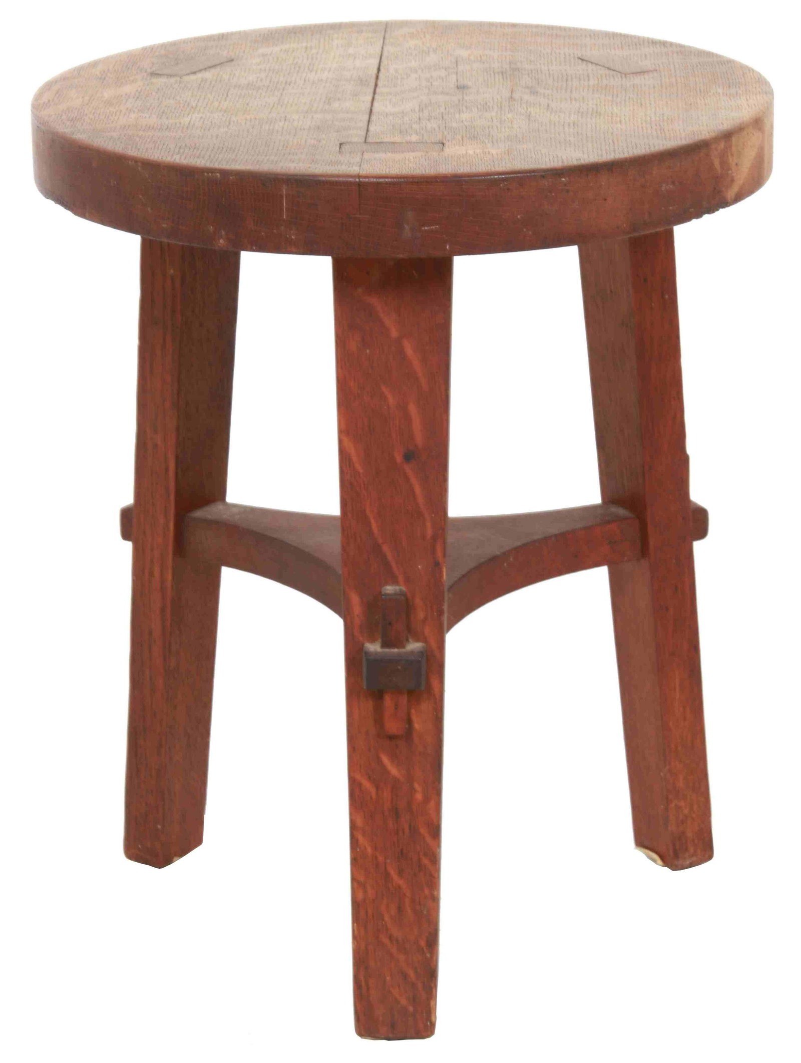 Stickley Brothers Oak Tabouret: Stickley Brothers No. 314 1/2 oak tabouret has three splayed legs, keyed through tenon lower stretcher and legs that are exposed flush through the top. Branded on the underside of stretcher, "Stickley
