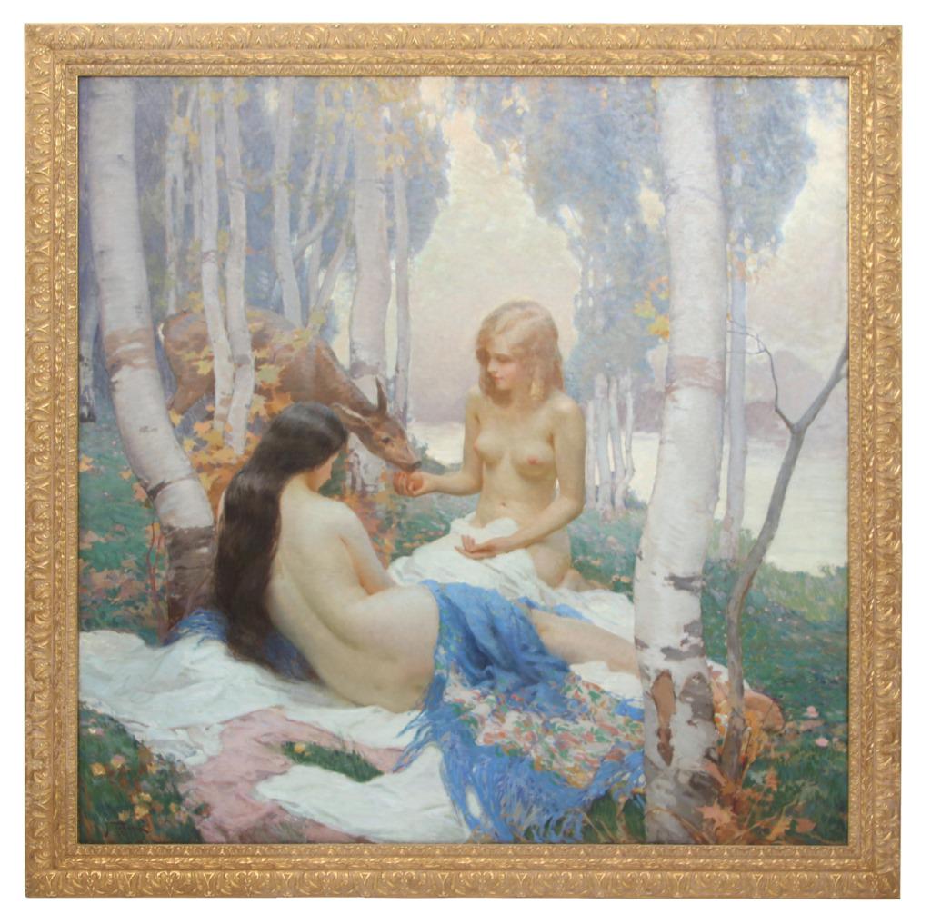 Joseph Tomanek (American, 1889-1974): Joseph Tomanek (American, 1889-1974) Two reclined nude women feeding a deer oil on canvas signed "J. Tomanek" and dated "'28" (lower left) 63 in. high x 63 in. wide (sight) 72 in. high x 72 in. wide (