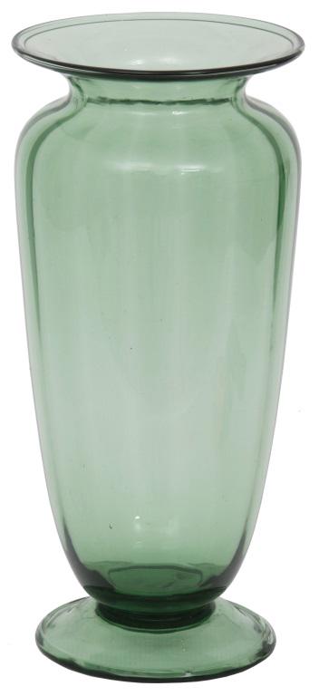 Steuben Optic Rib Pomona Green Vase: Steuben Pomona green vase in a baluster form has optic ribs and a flared rim. Signed on the underside, "Steuben." Very good condition with no damage or repair. 14 in. high x 6 1/2 in. diameter.