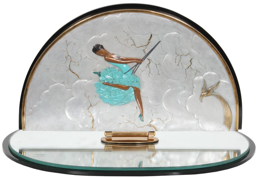 Romain De Tirtoff (Erte) (Russian, 1892-1990): Romain De Tirtoff (Erte) (Russian, 1892-1990) Table mirror with a dancing woman mixed media, cold painted bronze marked along the side, "1985 RK Parker 120/205" 10 in. high x 17.5 in. wide x 12 in. de