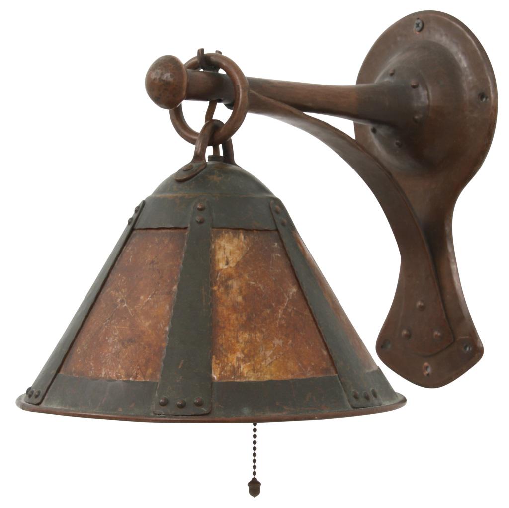 Attr. Dirk van Erp Wall Sconce: Attr. Dirk van Erp wrought and hammered copper wall sconce has a conical shade with six vertical, tapered ribs that are riveted to the upper and lower rims and support six mica panels. The shade hangs