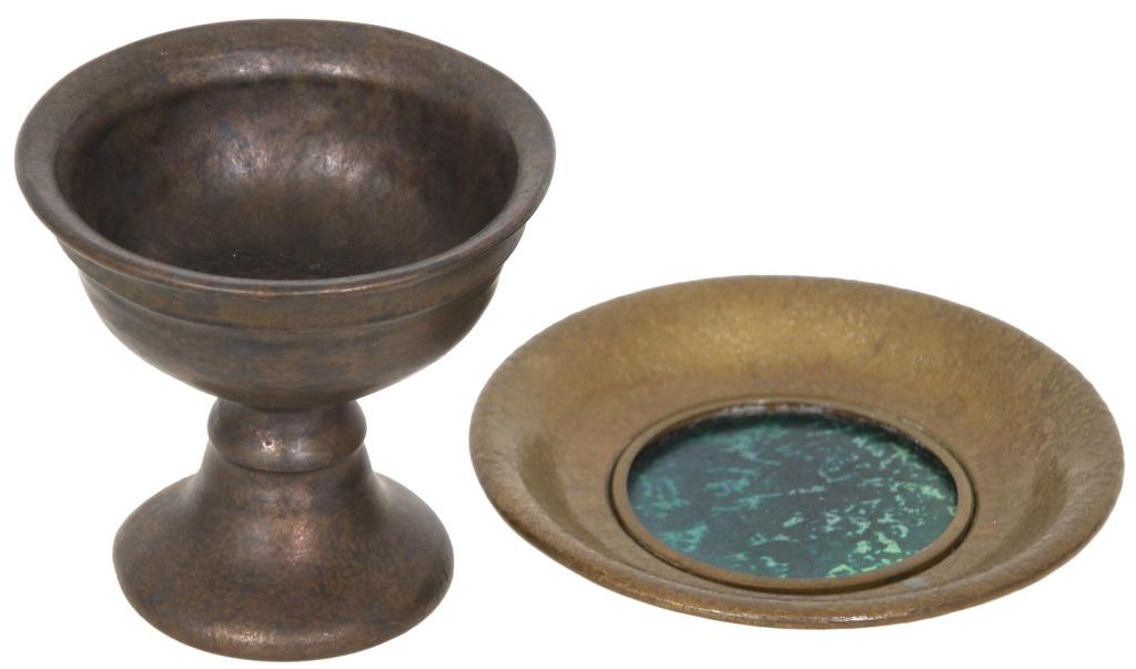Tiffany Furnaces & Tiffany Pottery Items: 1) Tiffany Studios pottery vessel is in a chalice form and is signed on the underside with incised "LCT," the number 7 and has a paper label. 2 3/4 in. high x 2 3/4 in. diameter. 2) Tiffany Furnaces s