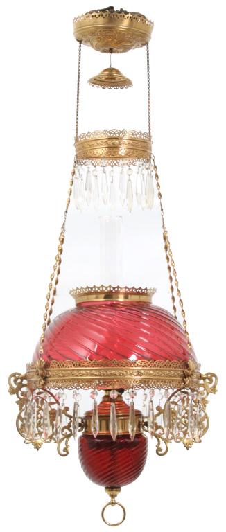 Hanging hall lamp brass cranberry shade Hanging hall lamp brass cranberry shade