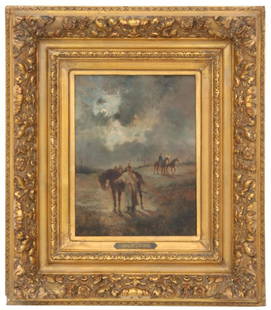 Louis Émile Benassit (French, 1833-1902): Louis Émile Benassit (French, 1833-1902) Cavalry at Dusk oil on panel signed "E. Benassit" (lower right) 13 in. high x 9 3/4 in. wide (sight) 24 in. high x 21 in. wide (frame)