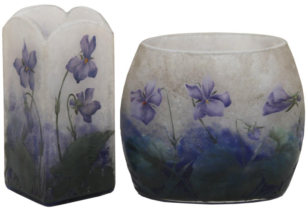 Two Daum Nancy Cameo Glass Vases: Daum Nancy Two vases with enameled floral decoration cameo glass both signed "Daum Nancy" with Cross of Lorraine early 20th century 4.5 in. high x 2 in. wide x 2 in. deep (left) 4 in. high x 4.5 in. w