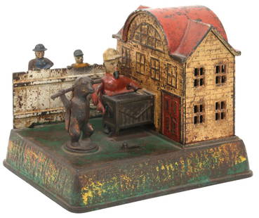 Kyser & Rex Organ Grinder & Bear Mechanical Bank: Kyser & Rex cast iron mechanical bank with organ grinder and bear. Place a coin in the grinder and slide the lever, as the organ grinder cranks, the bear turns; marked on the underside, "Pat June 13