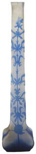 Monumental Émile Gallé Cameo Glass Vase: Monumental Émile Gallé vase has a square body with a bulbous base and is decorated with blue cameo flowers, leaves and stems; set against a white opaque background. The vase is signed in cameo on